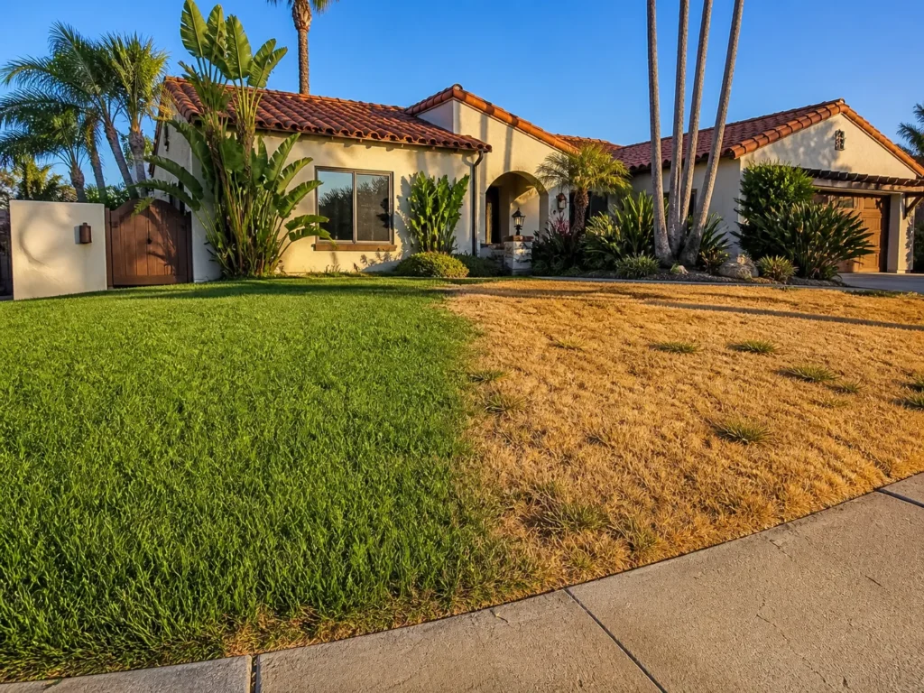 Brown grass patches on a Chula Vista residential lawn during summer heat