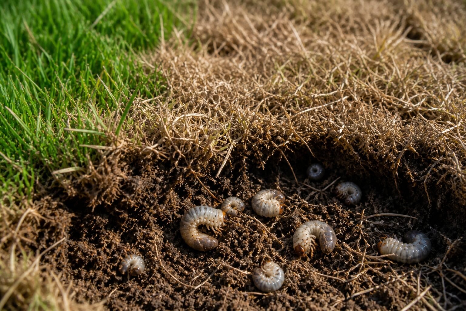 White grubs found below brown lawn patches in
San Diego County yard