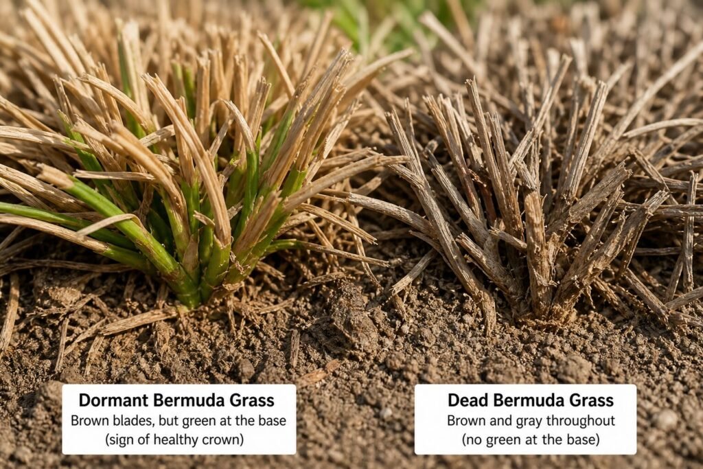 Close-up of brown Bermuda grass crown showing
dormancy vs dead grass in Southern California