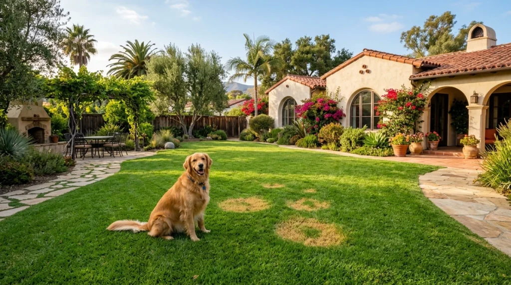 Yellow and brown dog urine spots on Bermuda grass lawn in Chula Vista California