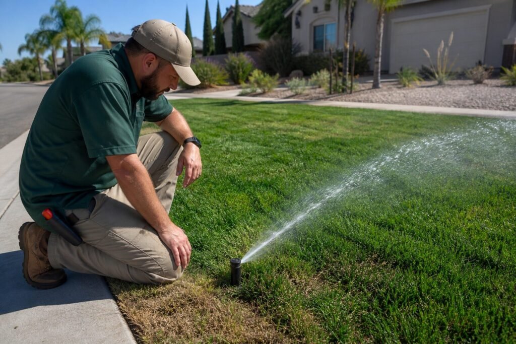 Lawn technician checking sprinkler head coverage
on Chula Vista residential property