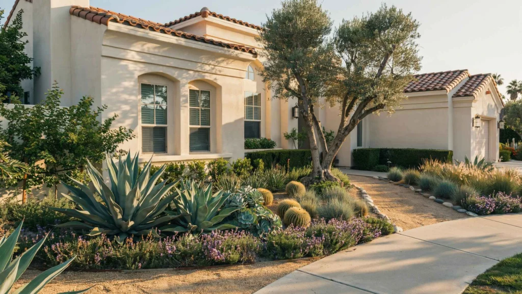Beautiful drought-tolerant front yard landscaping on a Chula Vista home with California native plants and decomposed granite