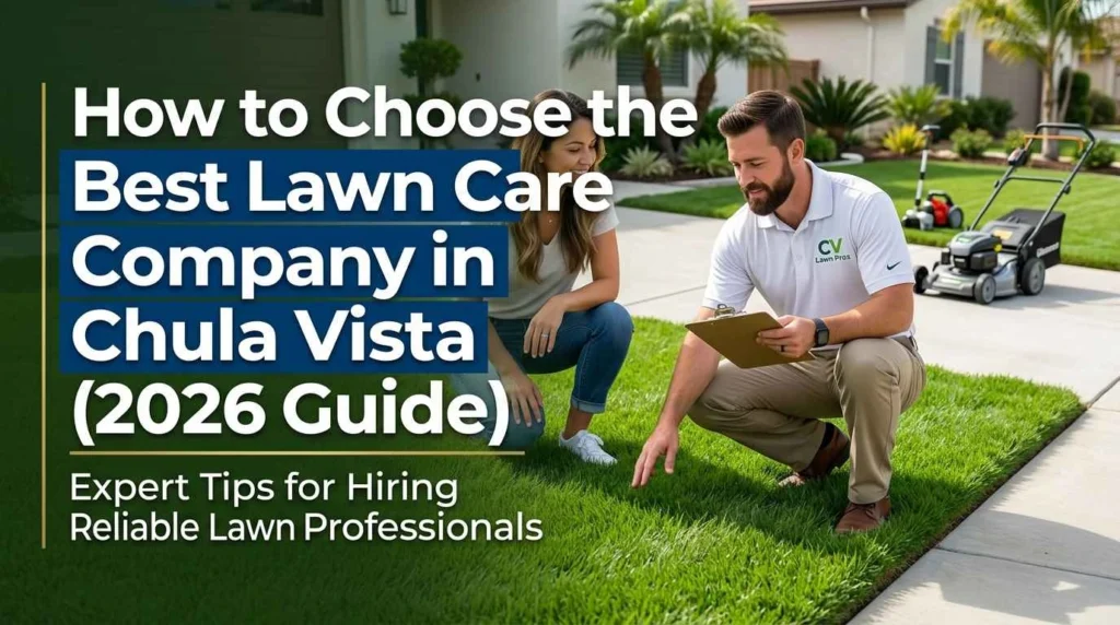 Homeowner reviewing lawn care companycredentials on a laptop in Chula Vista