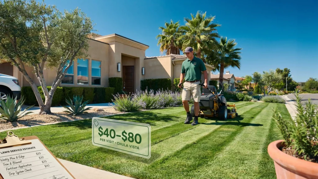Lawn care professional mowing residential yard in Chula Vista California