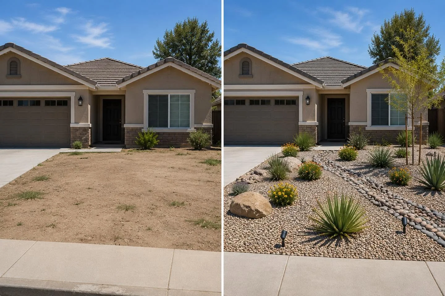 Before and after drought tolerant front yard landscaping transformation in Chula Vista.
