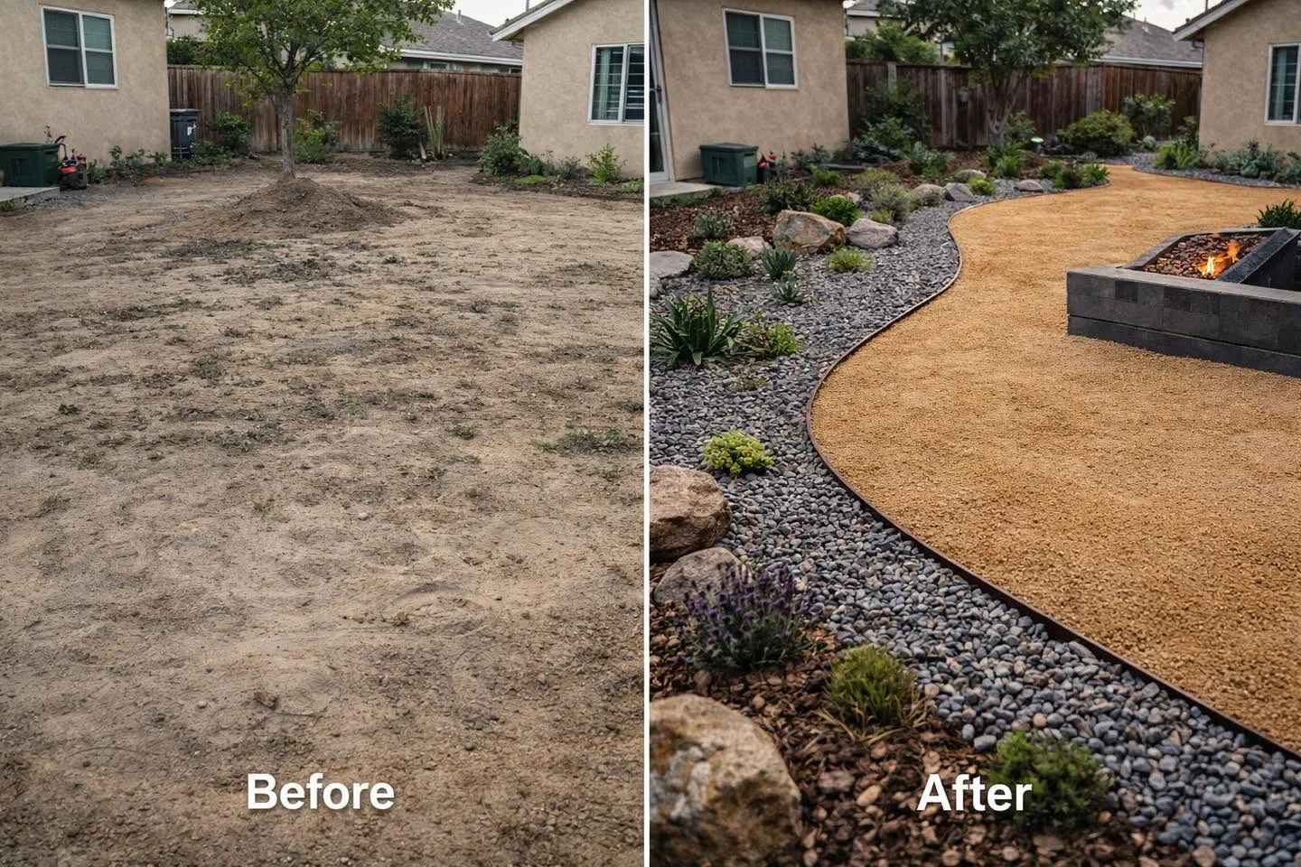 Before and after front yard landscape transformation by Chula Vista landscaping services.