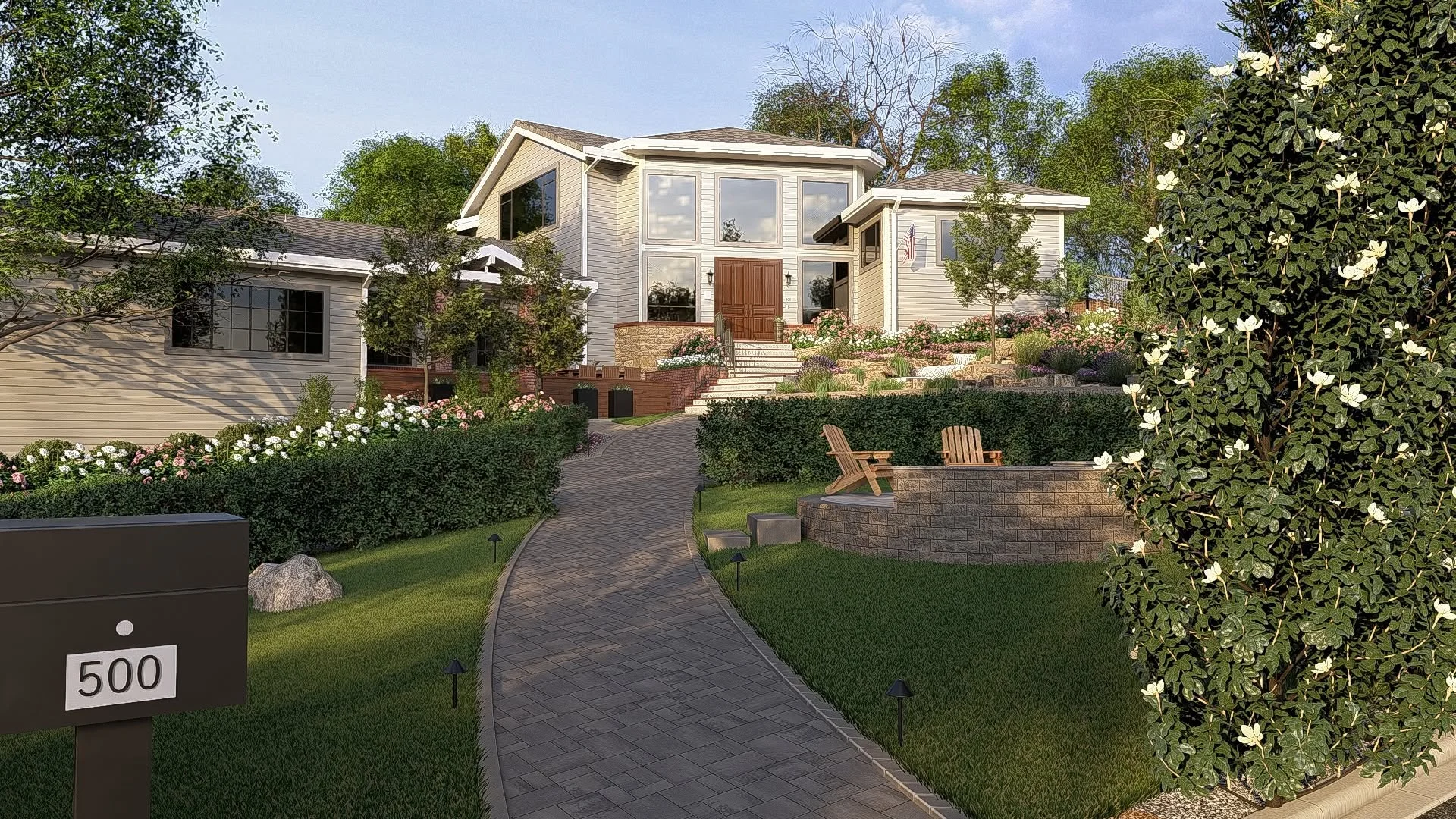 Curved entry walkway with trimmed lawn and garden beds in Chula Vista.