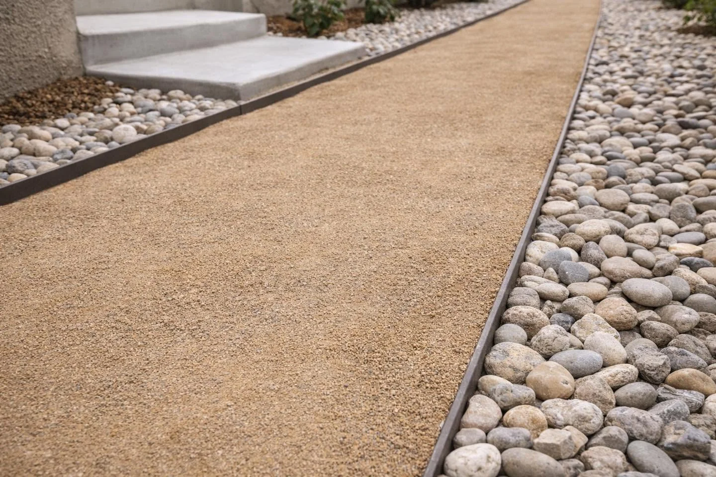 Decomposed granite path bordered by smooth river rock for Chula Vista landscaping.