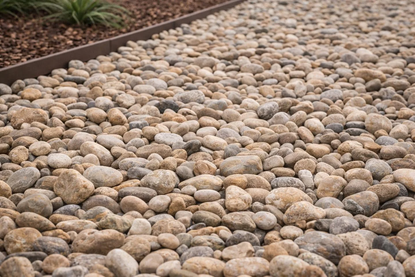 Decorative river rock groundcover used in low maintenance Chula Vista landscaping.