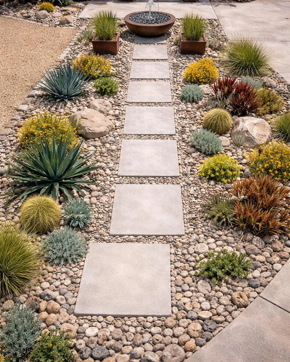Desert garden stepping stone path with drought tolerant plants in Chula Vista.