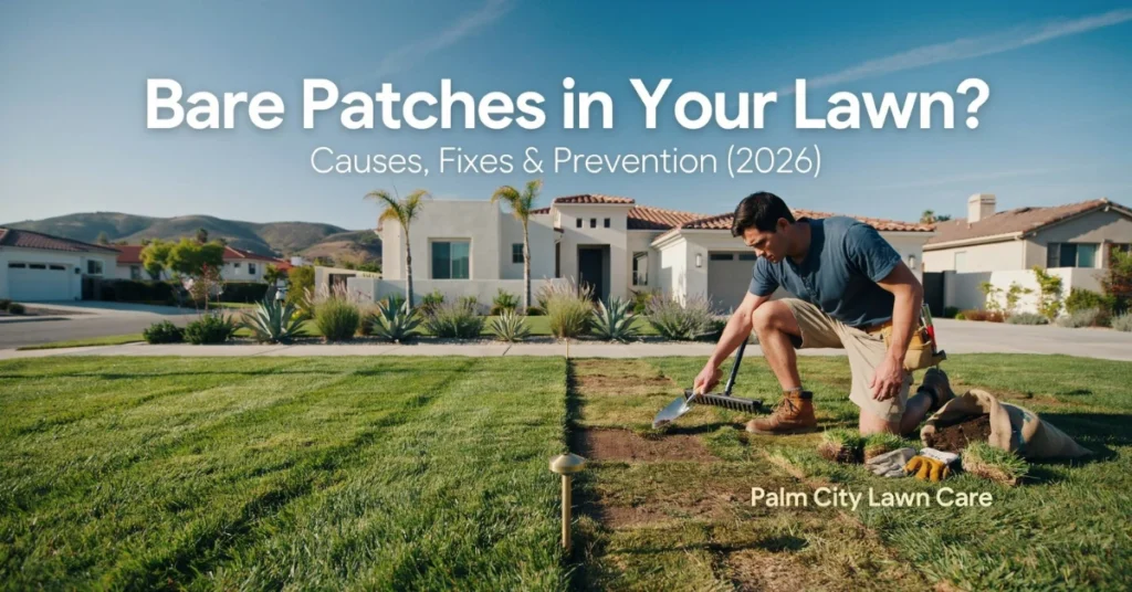 Healthy and damaged Bermuda lawn demonstrating patchy lawn repair in Chula Vista, California.