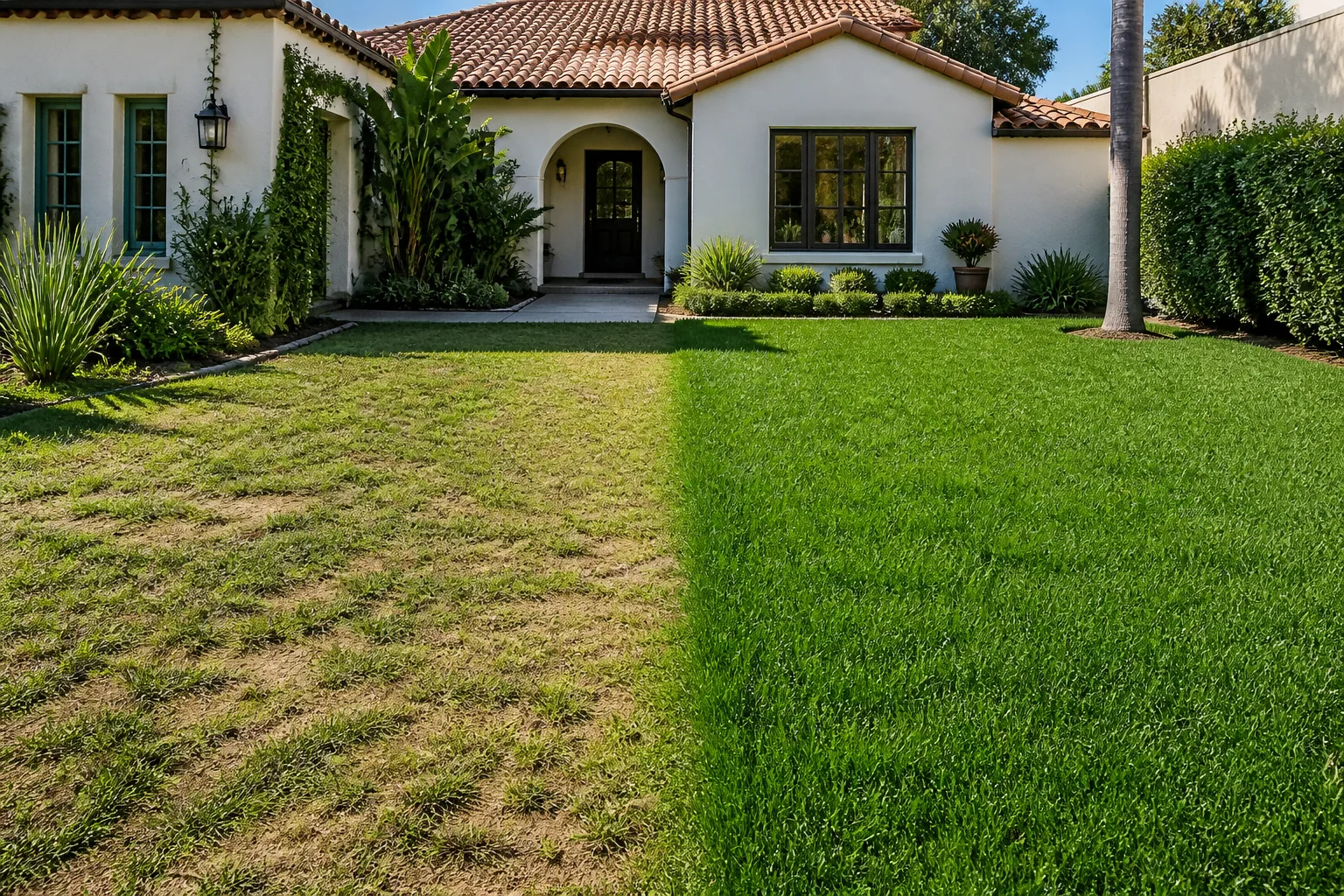 Before and after view of a compacted lawn and a thick healthy lawn after aeration